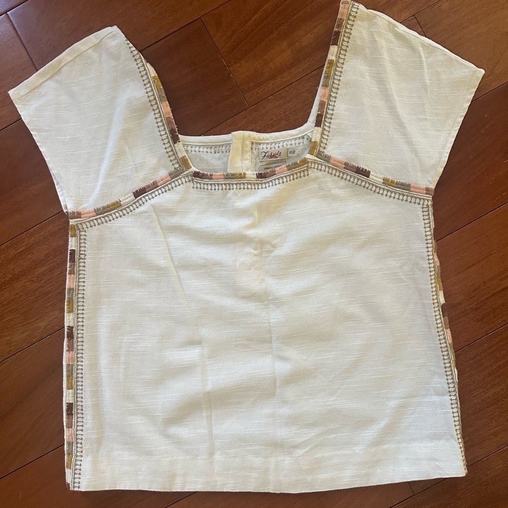 Faherty Cream Short Sleeve Square Neck Top with Multicolor Trim